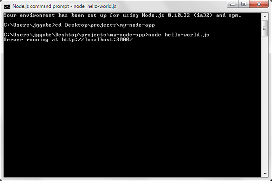 Node.js command prompt indicating that the server is running.