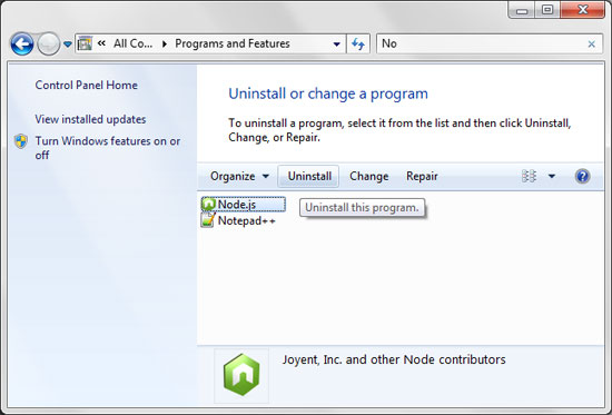 Uninstalling Node.js from Windows 7.