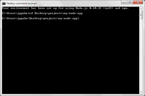 Node.js command prompt results of cd command.