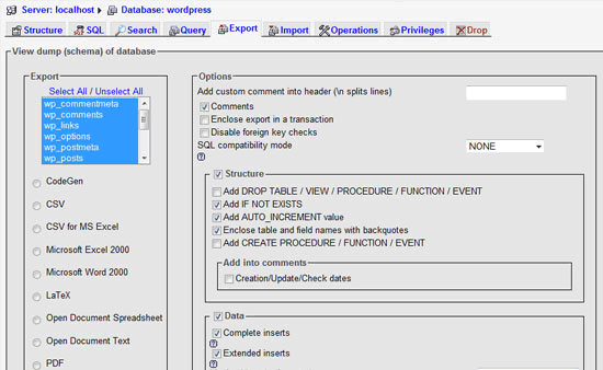 Exporting MySQL Databases