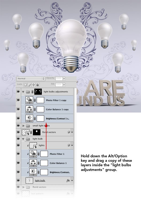 artistic scene with 3d light bulbs