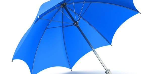 Creative abstract 3D render illustration of the blue umbrella or parasol with black handle isolated on white background