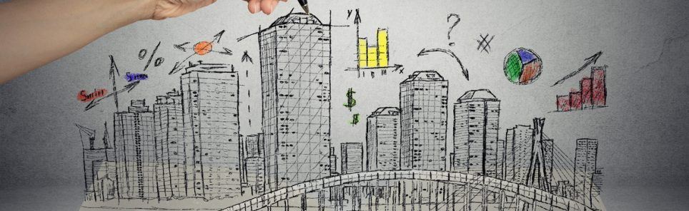 hand drawing city skyline business concept growing out of open book on grey wall background. Real estate development, house market economy, investment opportunity