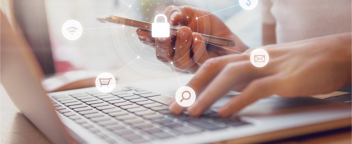 Woman using smartphone and laptop with icon graphic Cyber security network of connected devices and personal data security