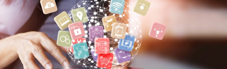 Woman holding tablet online banking payment communication network technology 4.0, with icon global connect customer omnichannel and mutichnanel