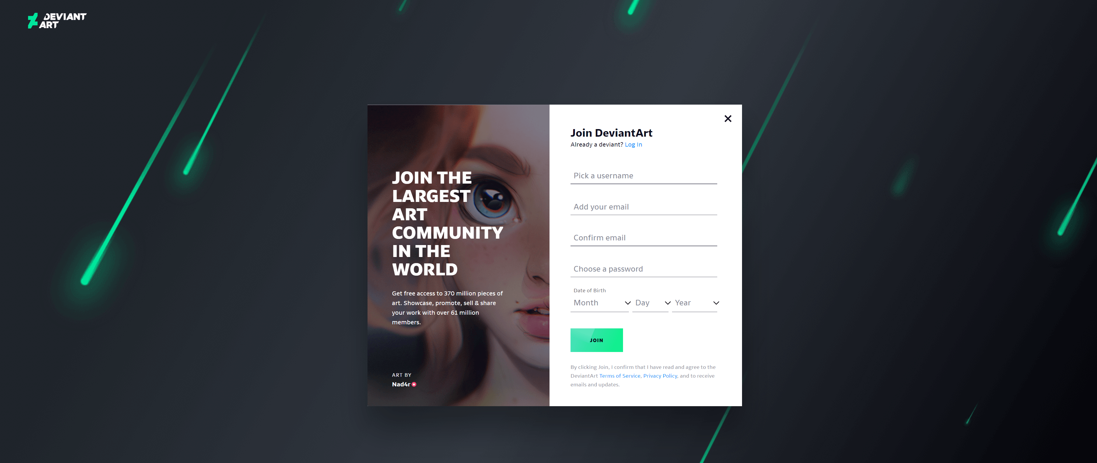 DeviantArt signup page