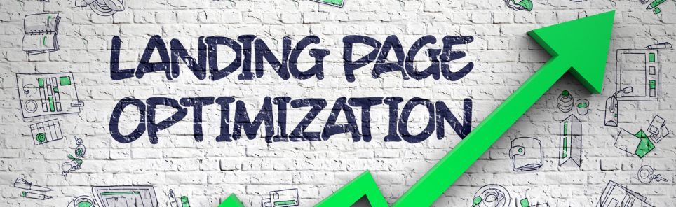 Landing Page Optimization on Modern Illustation. with Green Arrow and Hand Drawn Icons Around. Landing Page Optimization Drawn on White Brick Wall. Illustration with Doodle Design Icons. 3D.
