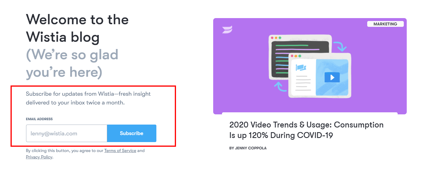 Wistia newsletter signup for growing their email list
