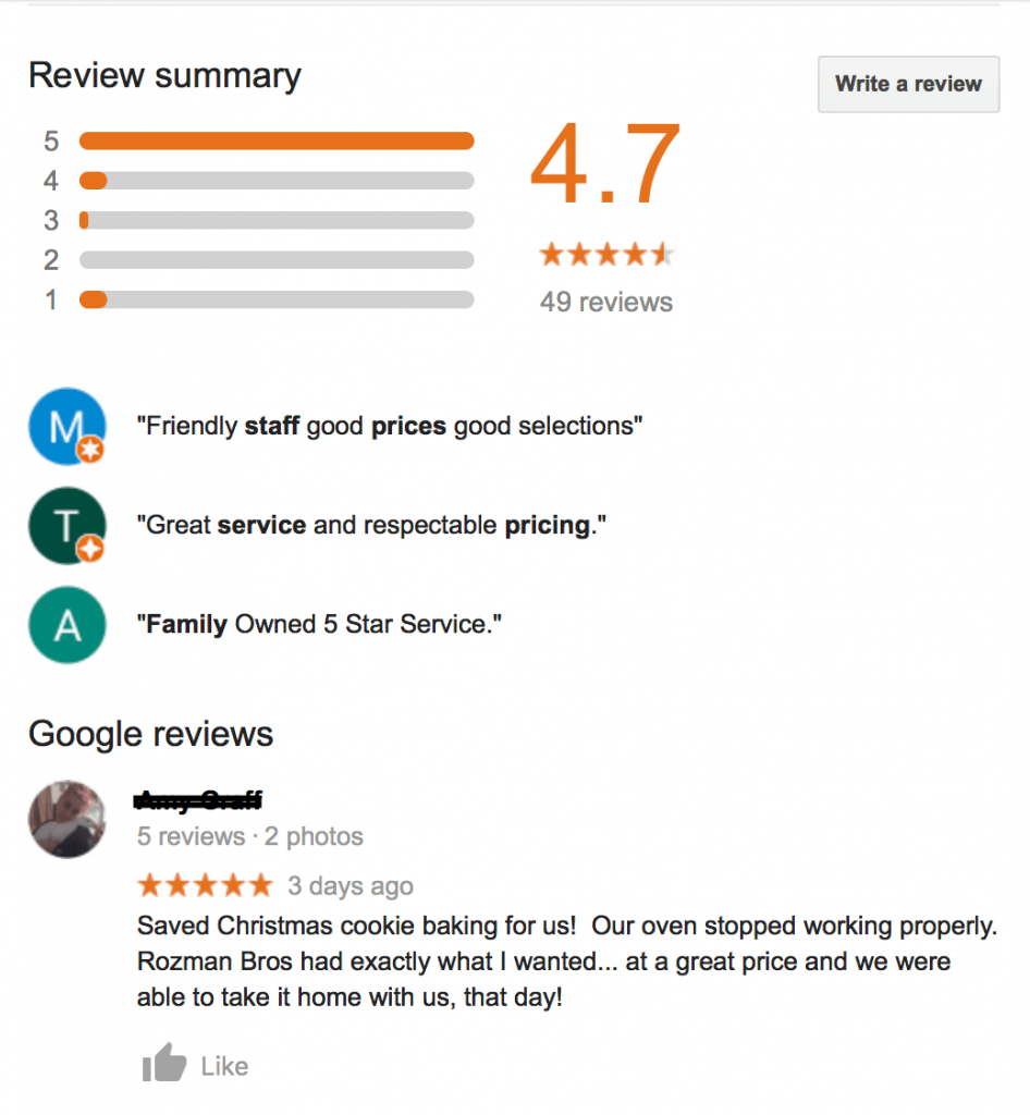 Reviews for a business on Google My Business listing