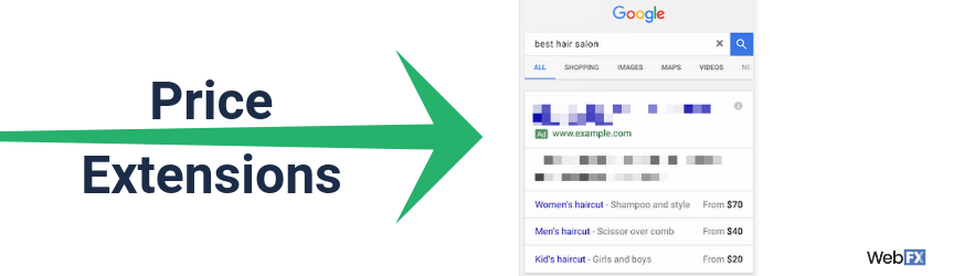 An example of Google Ads price extensions