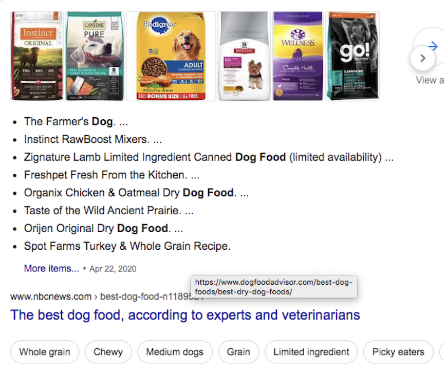 Featured snippet for best dog food