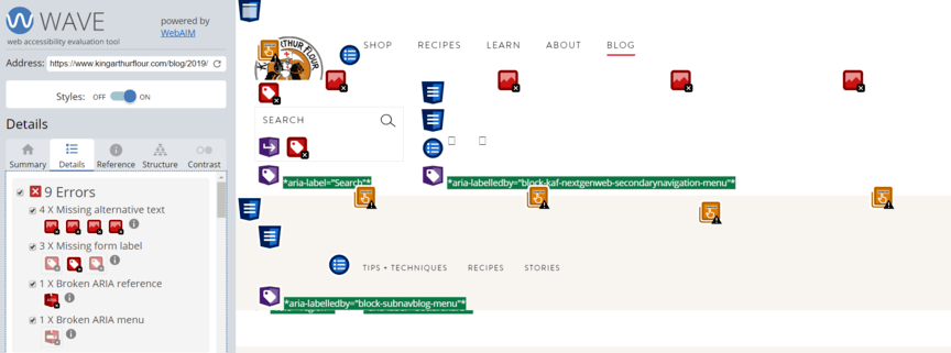 WAVE report for WordPress accessibility