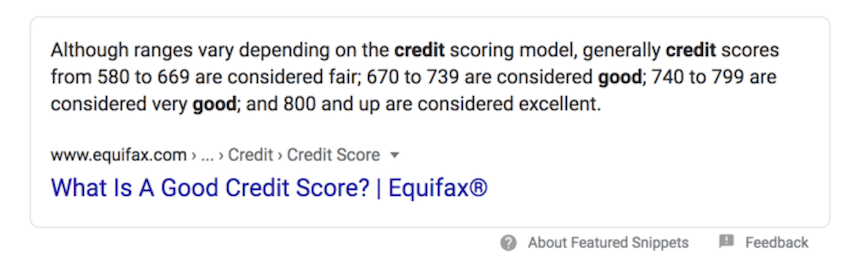 Credit score featured snippet example