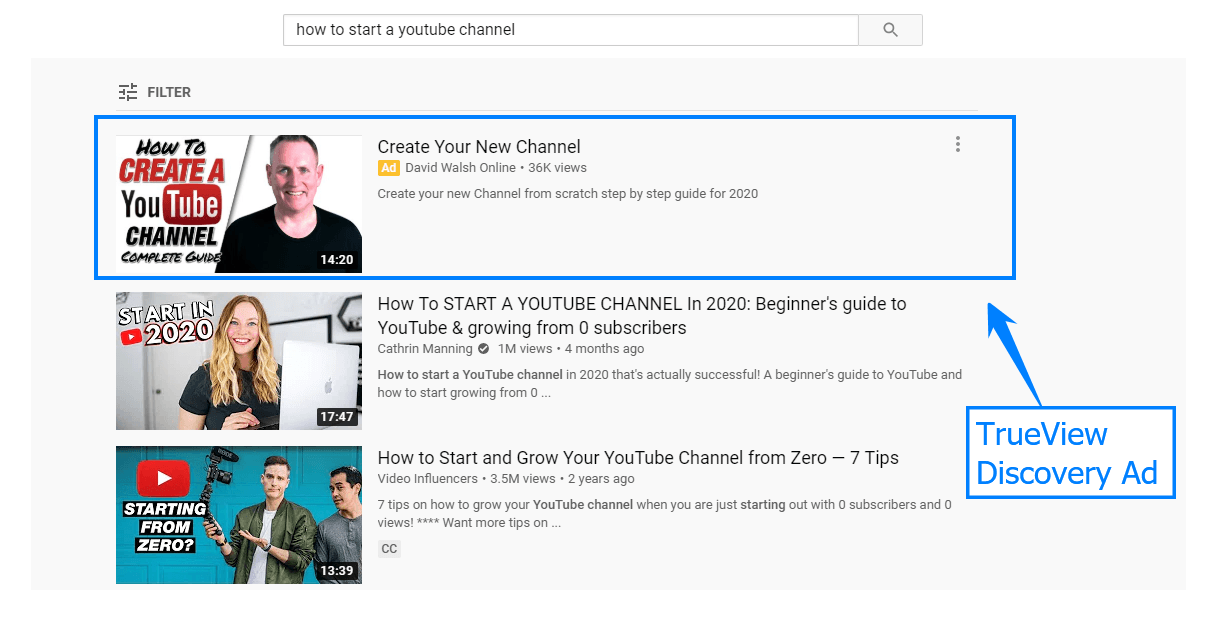 A TrueView video discovery ad in the YouTube search results