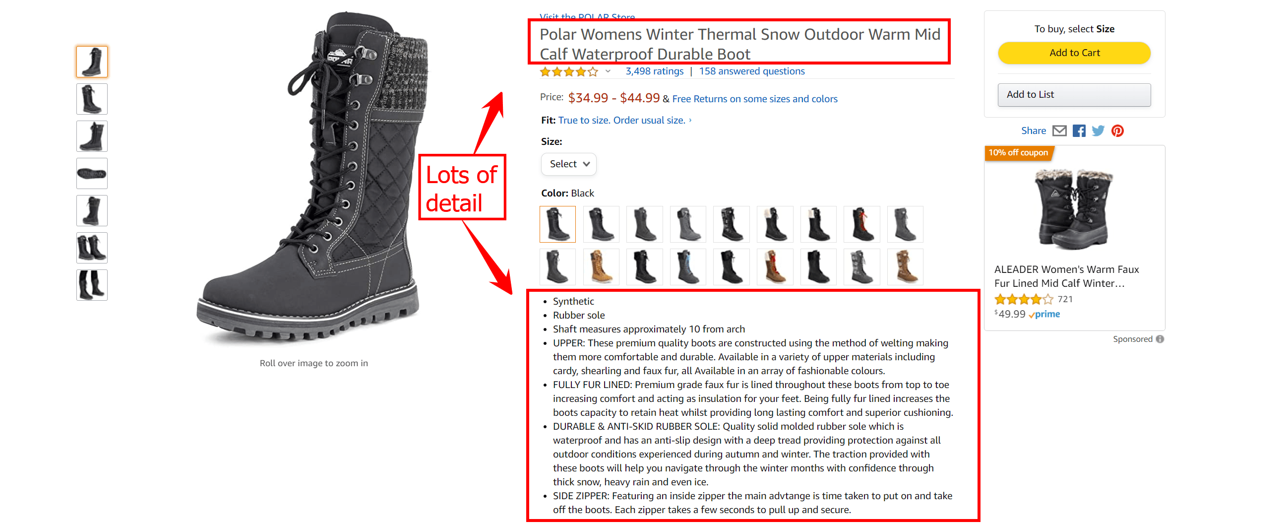 A product listing on Amazon for a winter boot