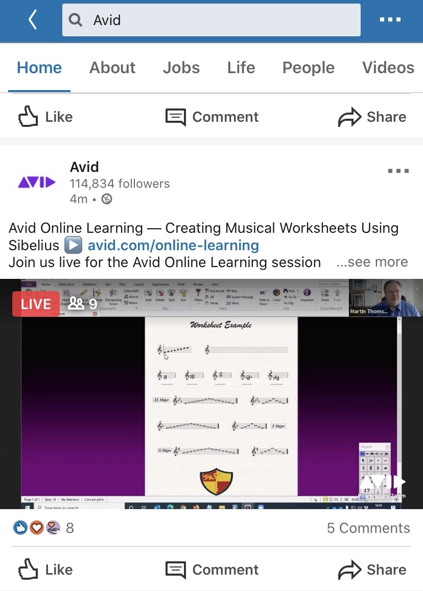 A live video post from Avid on LinkedIn