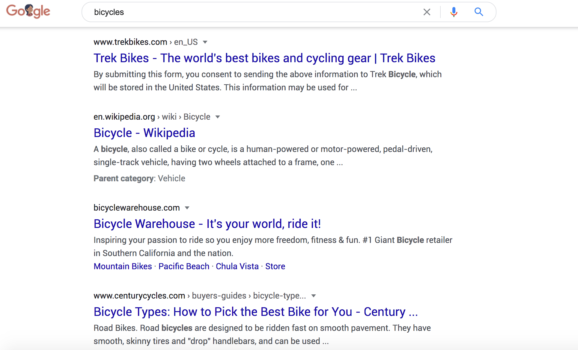 Google search results for the keyword "bicycle"