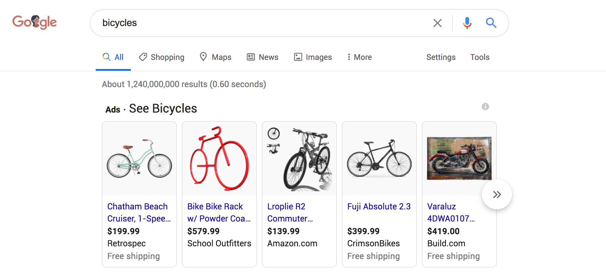 Google Shopping ads for bicycles