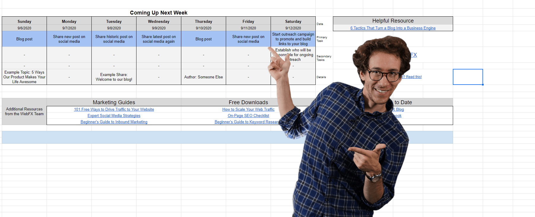 Dylan smiles and points at an editorial calendar template