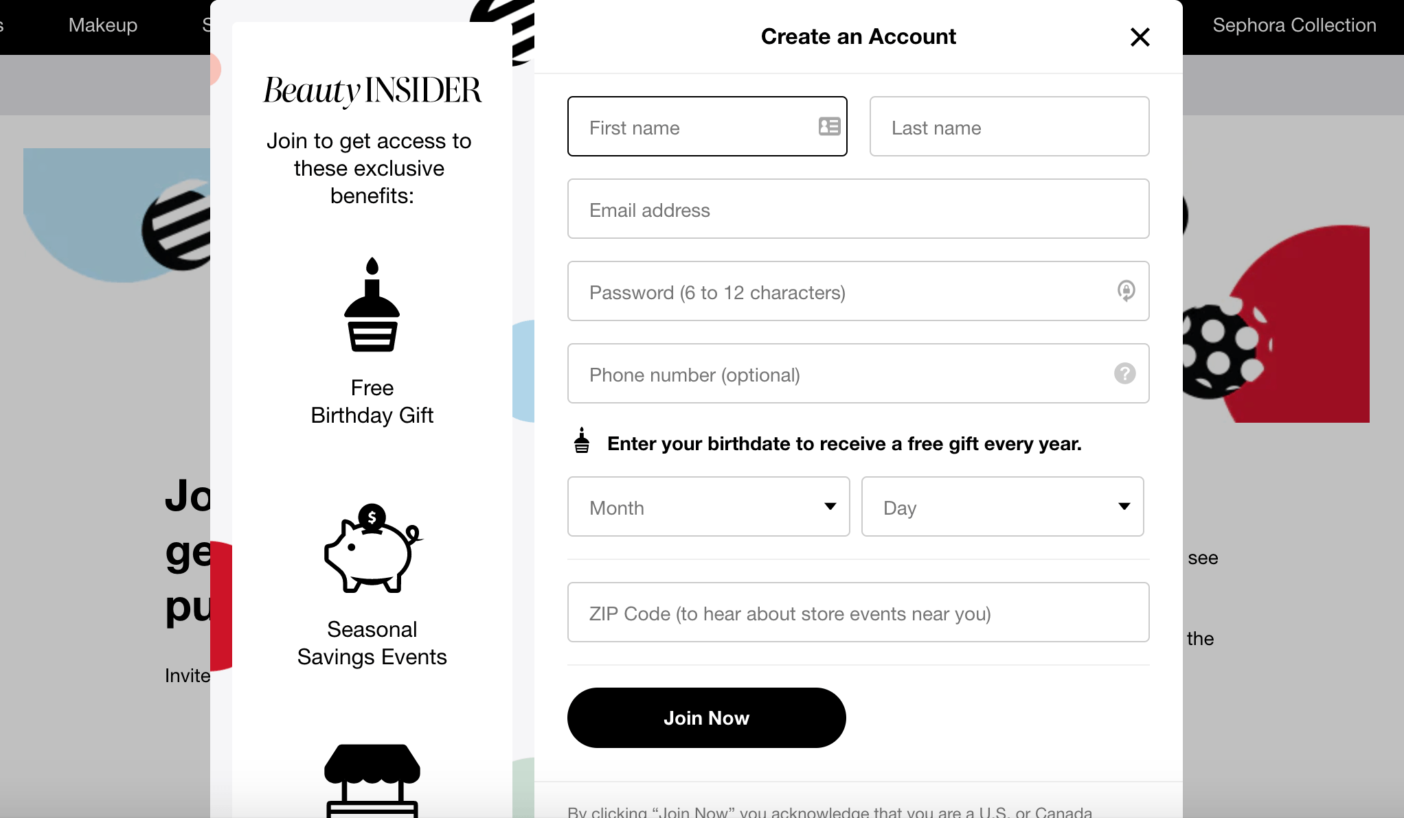 A rewards sign up form on Sephora's website