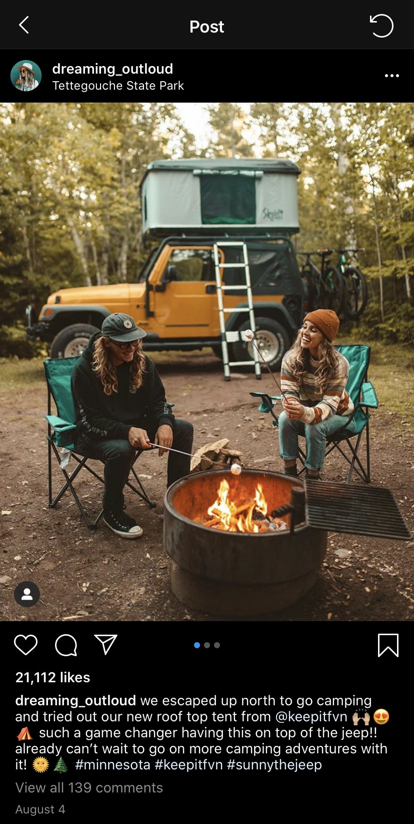 A screenshot of an Instagram post from an influencer featuring a campsite and a tent