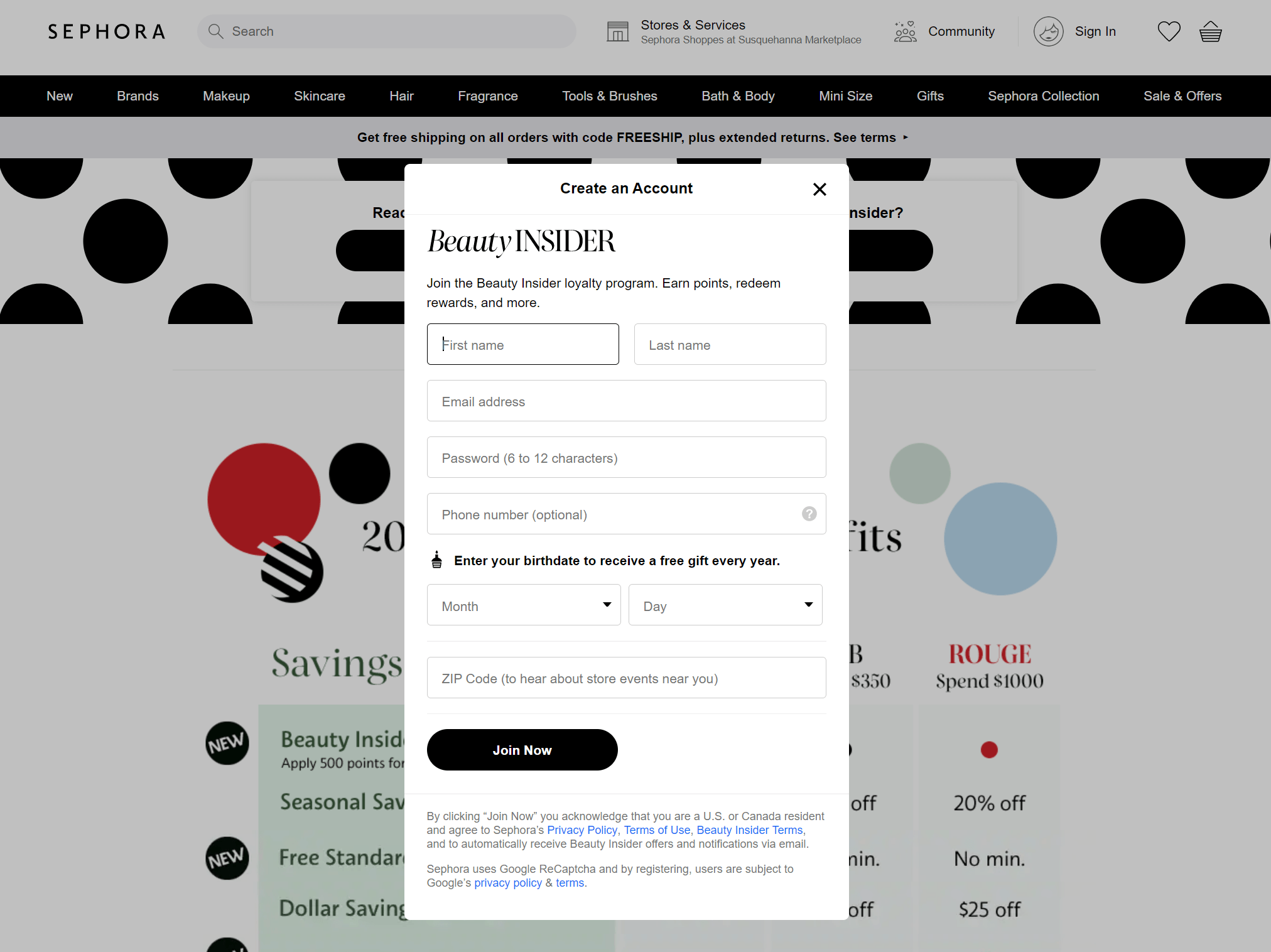 A sign-up page for the Sephora rewards program