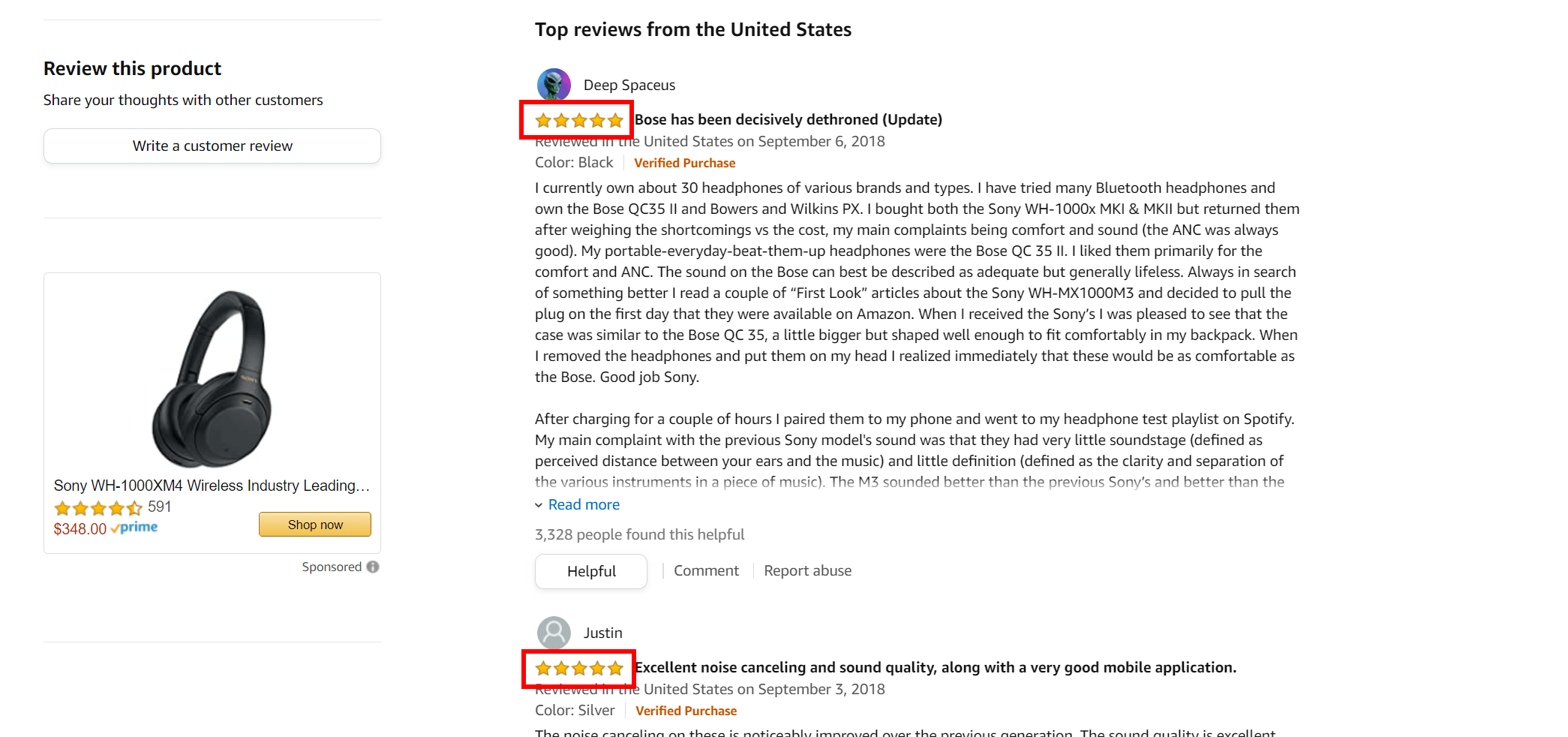 Two positive reviews of Sony headphones on Amazon