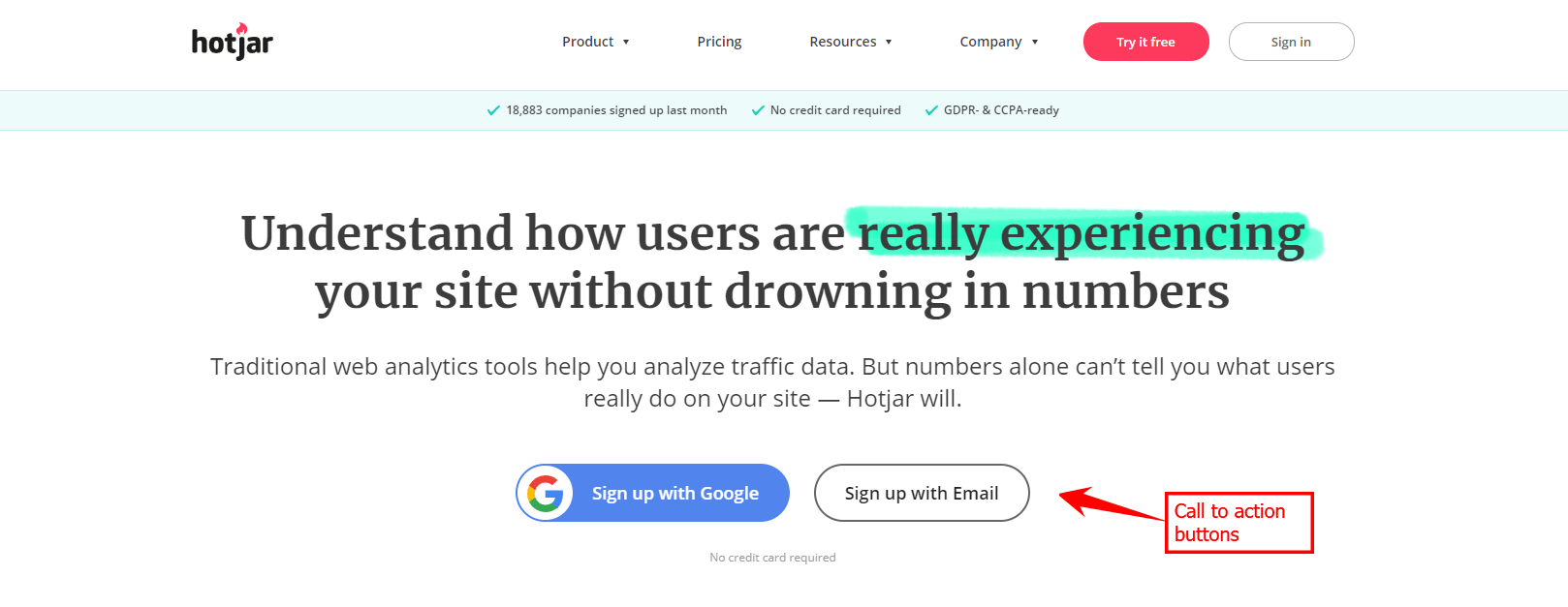 a CTA button on Hotjar's website