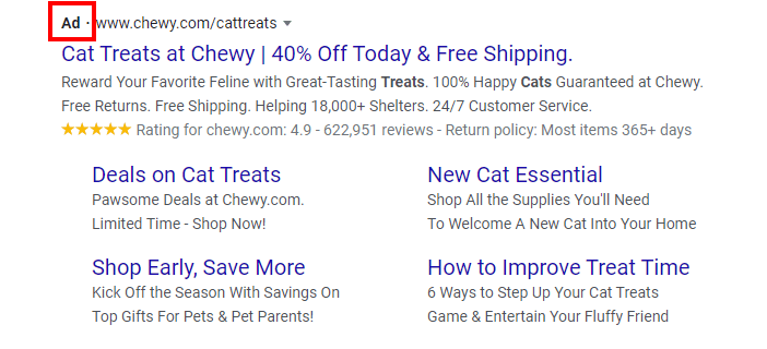 a Google search ad for cat treats