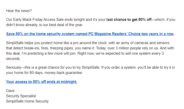 Black Friday email marketing example: SimpliSafe