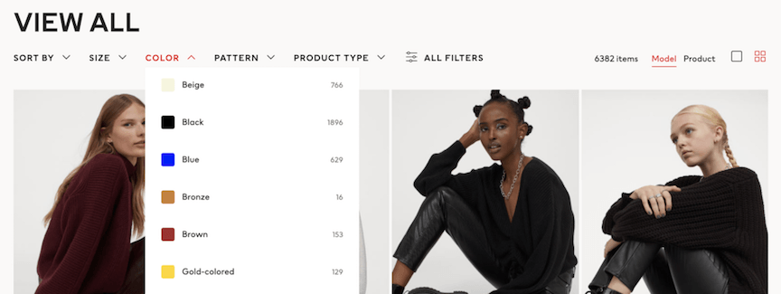 Ecommerce navigation filters on H&M's website