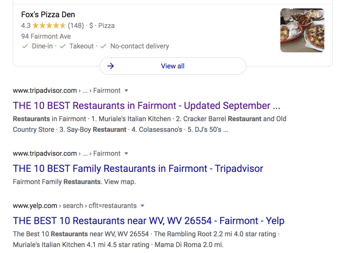 Restaurant listings in SERP