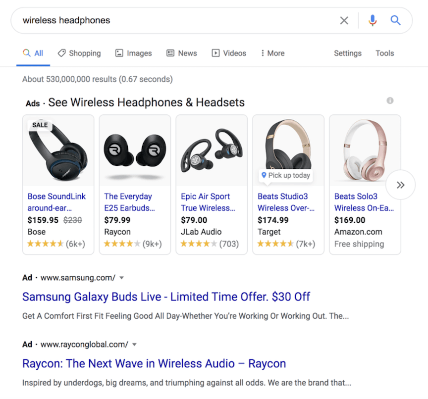 Ads for wireless headphones on Google search