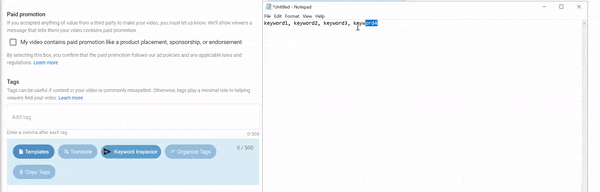 Copying and pasting comma-separated keywords into your YouTube tags