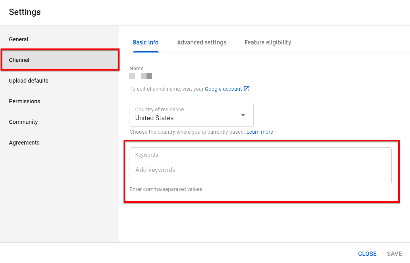 YouTube channel settings where you can add channel tags