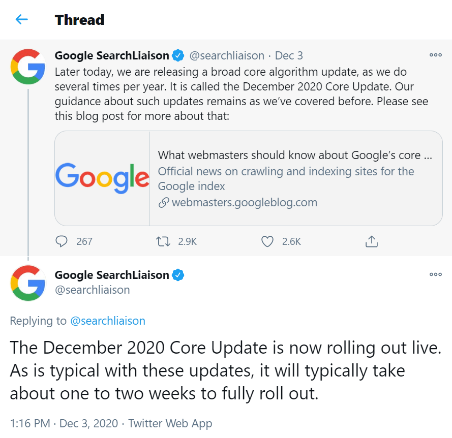 Google announces a December 2020 Core Update on Twitter