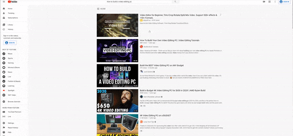 A YouTube Discovery ad at the top of the YouTube search results advertising a video editing software