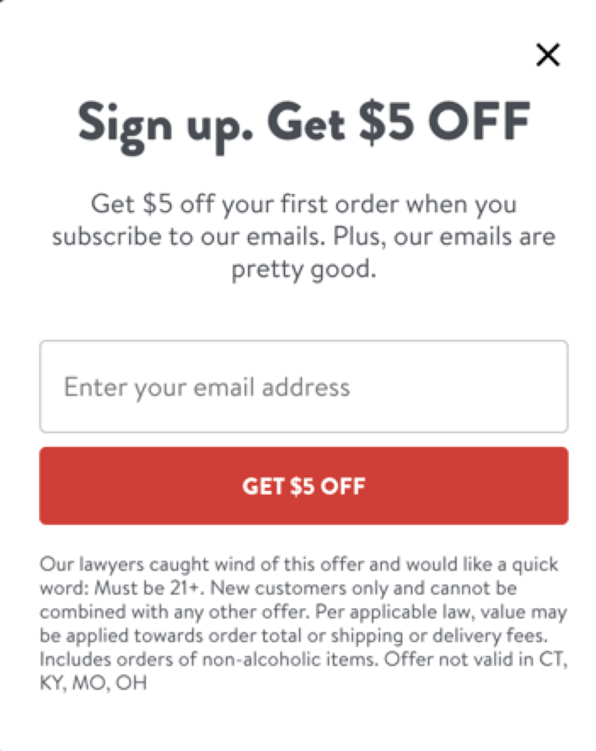 Drizly email popup example