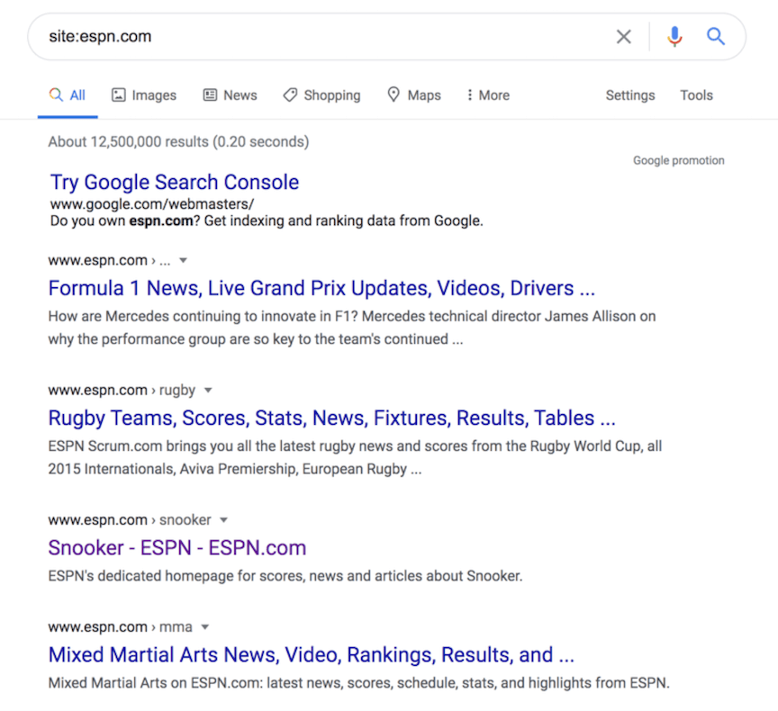 ESPN site search on Google