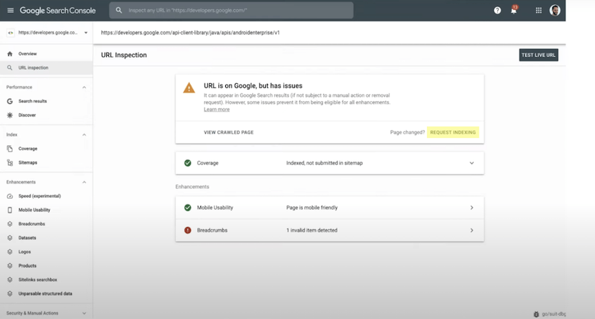 how to request indexing with Google Search Console URL inspection tool