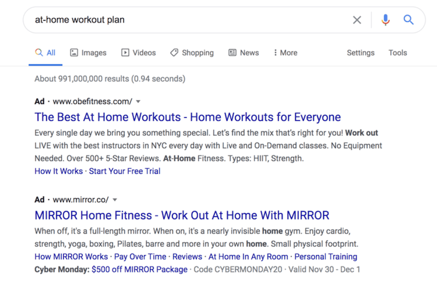 home workout plan PPC ads