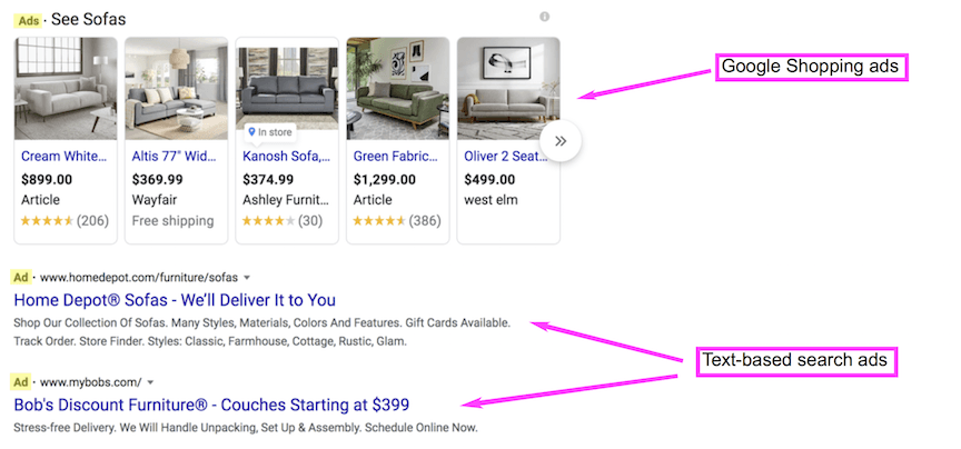 ads for couches on Google SERP