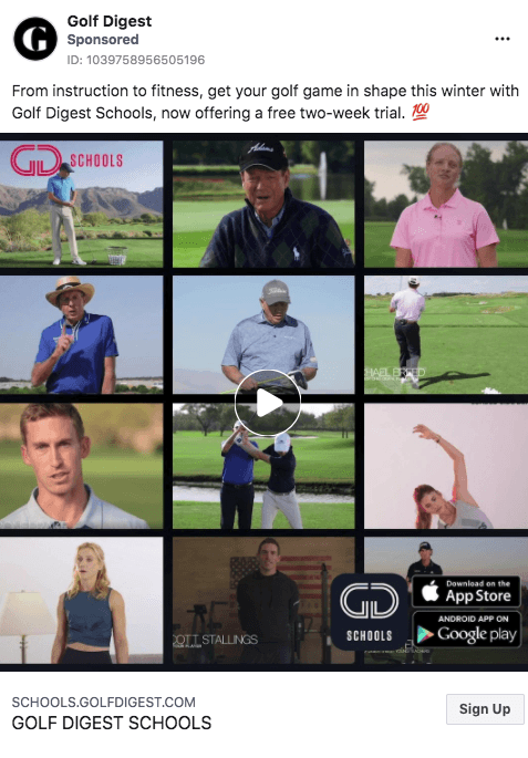 Facebook ad for golf digest