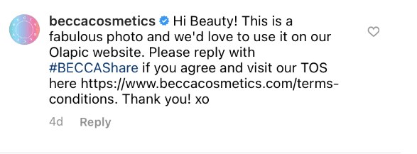 A beauty brand asks for permission to use an Instagram user's photo in their marketing