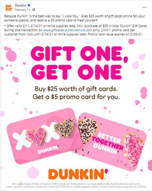 Dunkin social media post about gift card promotion