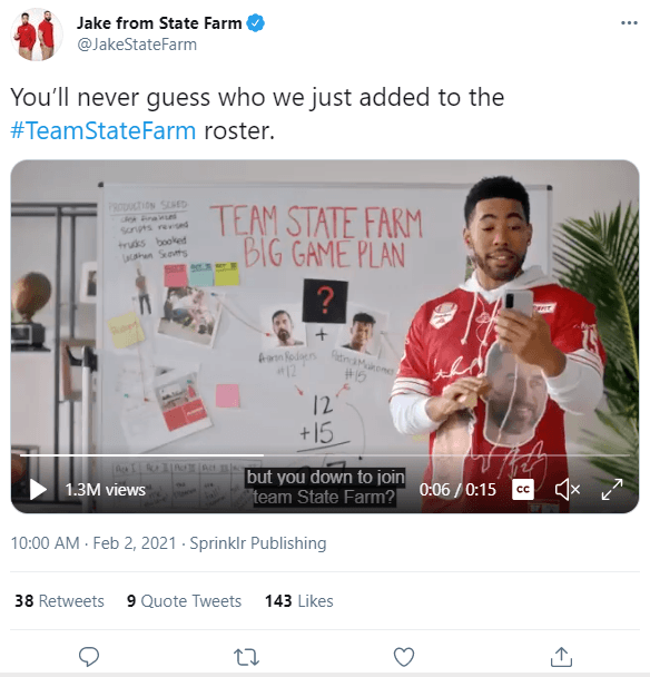 Tweet from Jake from State Farm before Super Bowl