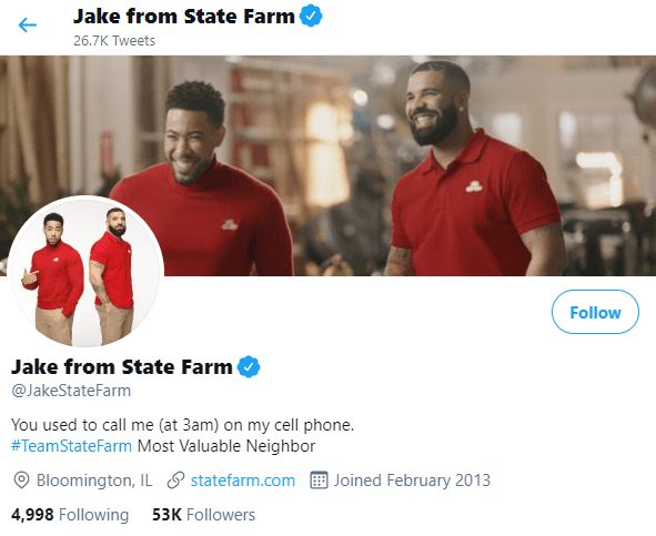 Jake from State Farm Twitter profile