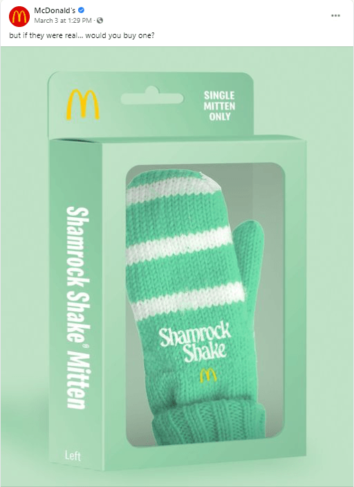 McDonalds social media post about a shamrock shake glove