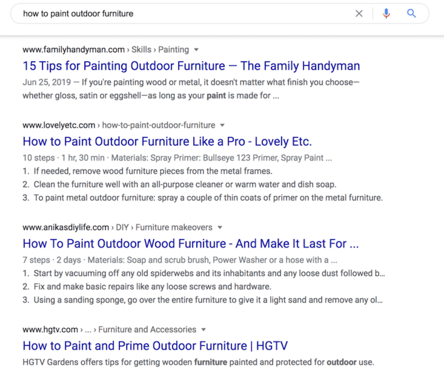 SERP for 'how to paint outdoor furniture'