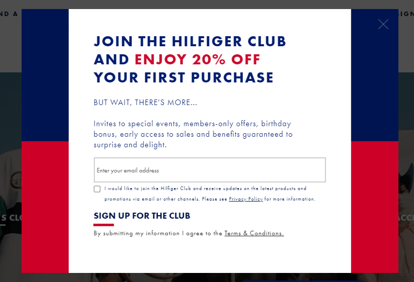 Pop up email sign up box from Tommy Hilfiger